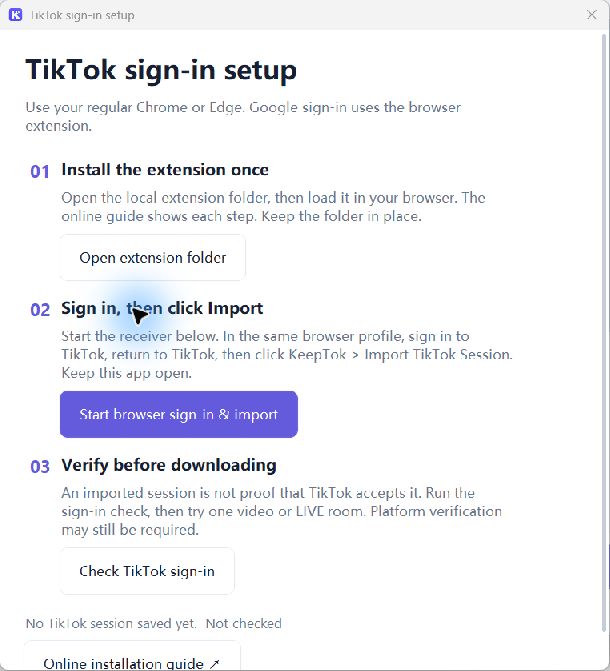 KeepTok 1.1.12 TikTok sign-in setup